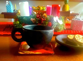 SET 6 PCS Coffee Cup Mug With Plate 4 Oz 120 Ml Serving Bowl Black Clay ... - £78.41 GBP