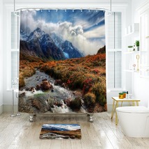 Mountain Landscape Shower Curtain Bath Mat Bathroom Waterproof Decorative - £18.12 GBP+