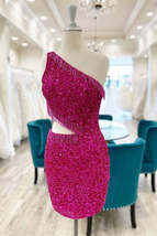 Fuchsia One Shoulder Lace-Up Sequins Homecoming Dress with Tassels - £134.14 GBP