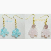 Aqua Blue OR Pink Crystal Glass Lampwork Flower Dangle Earrings  - £14.37 GBP