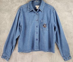 Christopher &amp; Banks Shirt Womens Large Blue Denim Floral Embroidered But... - £18.92 GBP