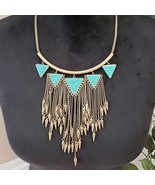 Womens Fashion Gold Tone Triangle Turquoise Chain Tassel Necklace with L... - $40.62 CAD