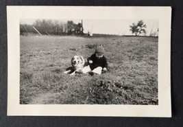 Small Antique Photograph of Little Boy with Collie or Shepherd Type Dog on Farm - $6.50