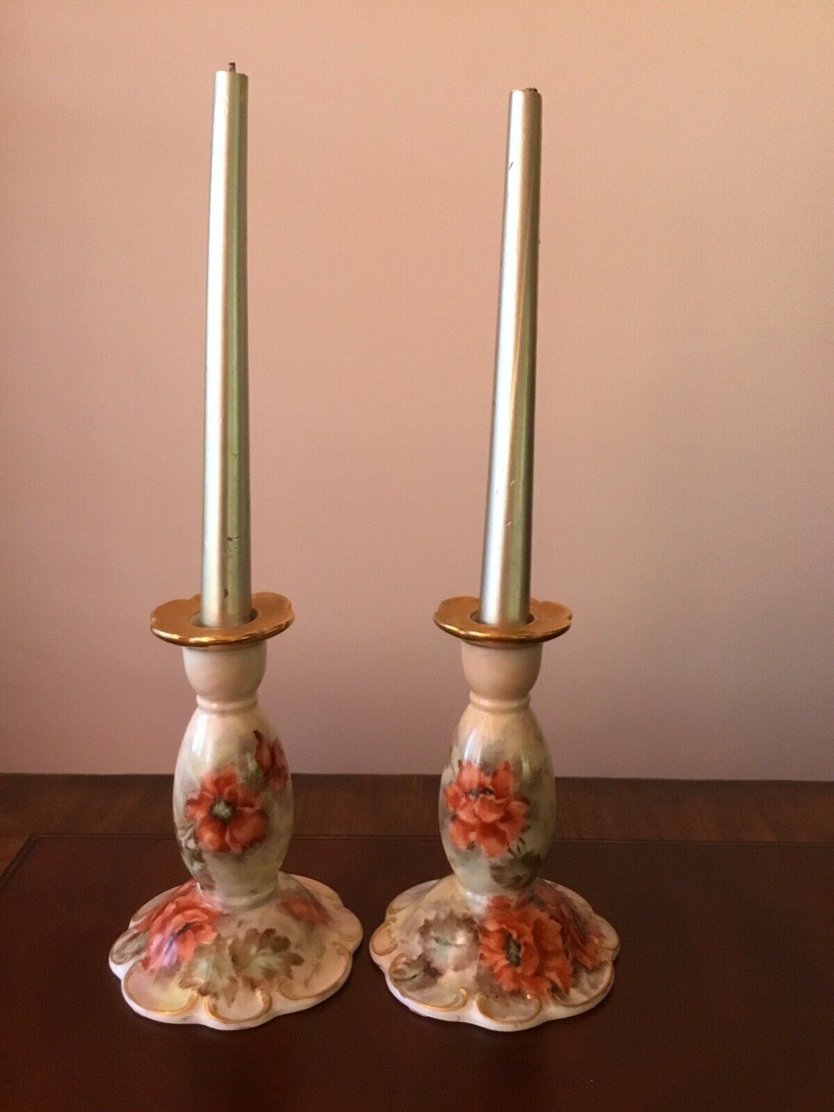 2 VINTAGE HUTSCHENREUTHER TIRSCHENREUTH PORCELAINE SIGNED CANDLEHOLDERS GERMANY - $37.40