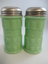 Coca-Cola Salt and Pepper Shaker Retro Jadeite Green Glass Embossed - $29.21
