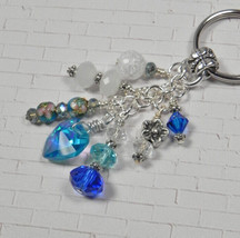 Heart Flower Crystal Beaded Handmade Keychain Split Key Ring Blue White - $16.82