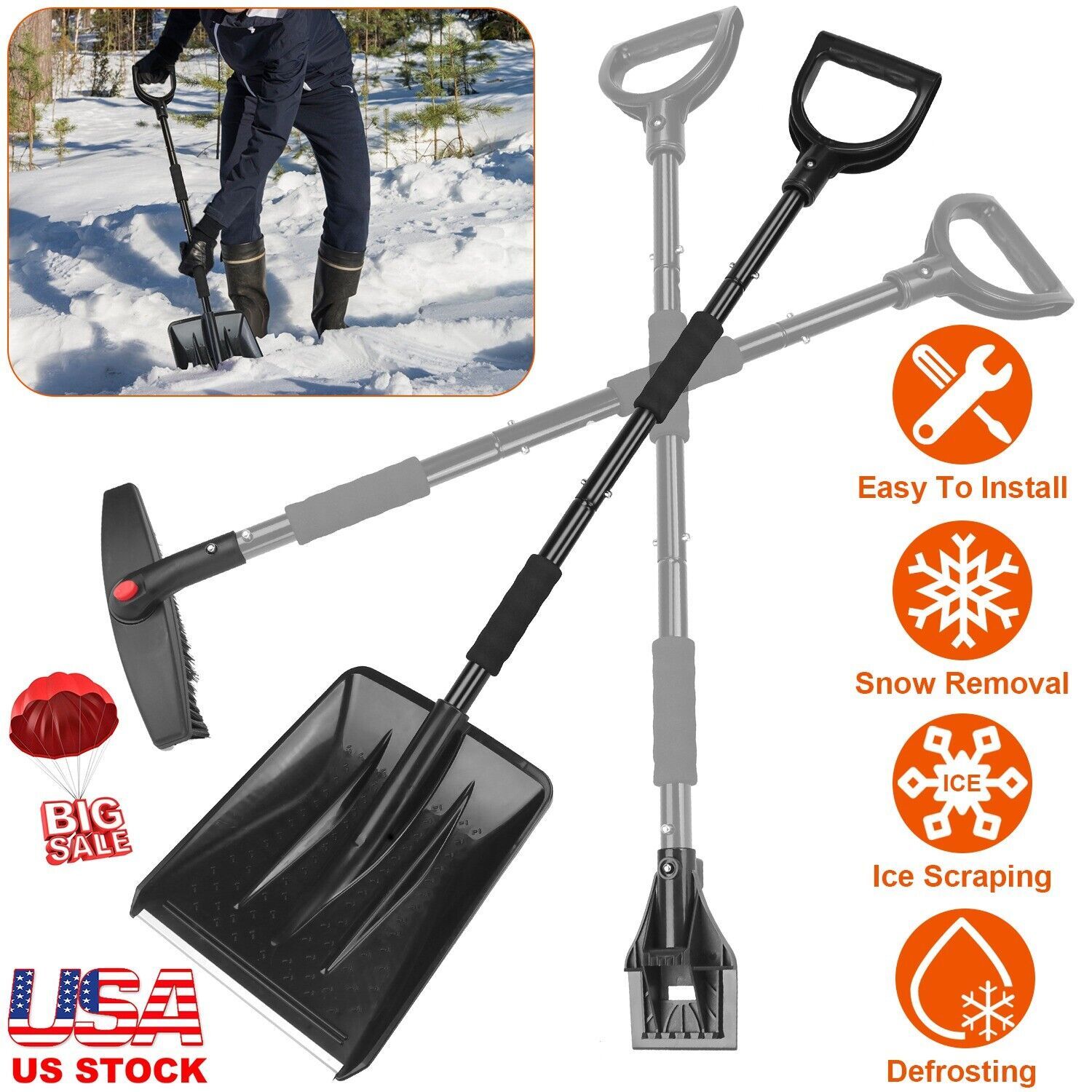 Primary image for 3-in-1 Snow Shovel with Ice Scraper Snow Brush Collapsible Snow Removal Tools