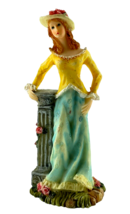 Victorian Lady Figurine Resin Sculpture Leaning on Column Blue Yellow Dress - £14.46 GBP