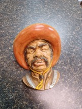 Hand Painted Chalkware Head Wall Plaque Mexican Cowboy Sombrero Bandit C... - £37.17 GBP