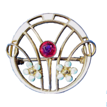 Elegant Vintage Ruby Brooch Solid 10k Gold Guiloche Enamel Deco Pin - £291.34 GBP