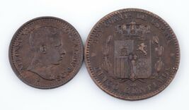 1878-1905 Spain Coin Lot (2pcs) 2 &amp; 5 Centimos (VF-Unc) - $109.64