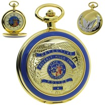 Gold Plated Pocket Watch for Men US Police Badge Cover Big 53 MM with Chain C45 - £29.90 GBP