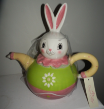 NEW Carnival Cottage JOANNA PARKER BUNNY TEAPOT Pink Green Yellow Ceramic - $39.59