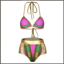 Purple Design Pattern Halter Top High Waist Gold Straps Bandage Bikini Swim Suit image 3