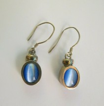 Sterling Silver Earrings Blue Tiger Eye Glow Stones Dangle 1 1/8&quot; Long W... - £15.95 GBP