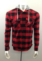 Amnesia Men&#39;s Small Red Checked Fleece Button Up Long Sleeve Hoodie - £10.82 GBP