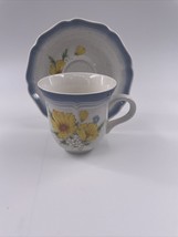 Mikasa Amy Country Club CA 503 3 1/2&quot; Flat Cup &amp; Saucer Yellow Flower Blue Edge - £10.10 GBP