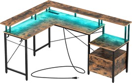 Rolanstar Computer Desk With Power Outlet, Led Strip, And File Drawer,, Rustic. - £176.58 GBP