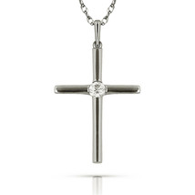 0.09ct White Sapphire Round Cut Cross Pendant 14K White Gold With Chain Necklace - £87.44 GBP