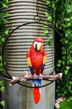 Ebros Hanging Scarlet Macaw Parrot Perching on Branch in Metal Round Ring 13.5&quot;H - £33.08 GBP