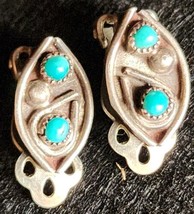 Vtg Native American Sterling Silver Turquoise Clip Earrings Collar Set 5/8” - £16.58 GBP