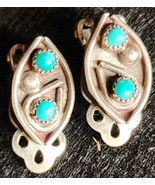 Vtg Native American Sterling Silver Turquoise Clip Earrings Collar Set 5/8” - £16.34 GBP