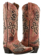 Womens Angel Wings Cross Leather Cowboy Boots Red Rhinestone Studded Sni... - $107.99