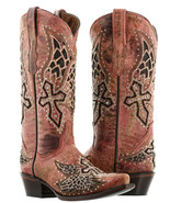 Womens Angel Wings Cross Leather Cowboy Boots Red Rhinestone Studded Sni... - $107.99