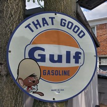 Vintage 1968 Gulf Gasoline Engine Oil Fuel &#39;That Good&#39; Porcelain Gas &amp; Oil Sign - £98.32 GBP