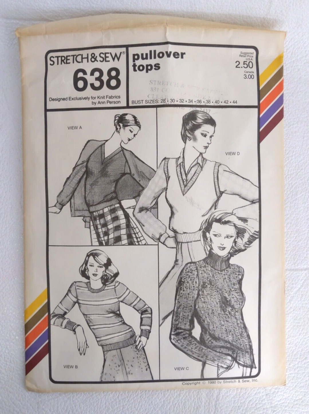 Primary image for Stretch & Sew #638 Uncut Sewing Pattern 1980 Pullover Tops Bust Sizes 28-44