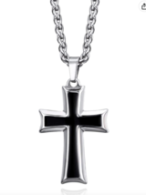 Cross Necklace For Men Stainless Steel Black Silver Tone Flower Basket CHAIN 24&quot; - £31.64 GBP