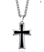 Cross Necklace For Men Stainless Steel Black Silver Tone Flower Basket C... - £31.64 GBP