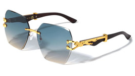 Womens Gold Jaguar Rimless Faux Wood Oversized Sunglasses Retro Designer Fashion - £7.95 GBP