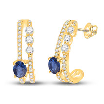 14kt Yellow Gold Womens Oval Blue Sapphire Diamond J Hoop Earrings 3/4 Cttw - £511.35 GBP