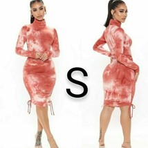 Ruched Long Sleeve Peach Tie Dye Bodycon Dress Size S - £17.65 GBP