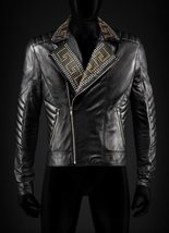 New Mens Versace H&amp;M Golden,Silver Studded Biker Black Leather Jacket - £179.81 GBP