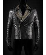 New Mens Versace H&amp;M Golden,Silver Studded Biker Black Leather Jacket - £179.43 GBP