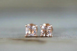 Women 1ct Princess Cut Peach Morganite 14k Rose Gold Finish Classic Stud Earring - £61.13 GBP