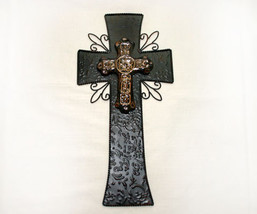 Ornate Tin and Ceramic Double Cross Wall Decor - £10.14 GBP