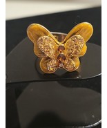 Brown &amp; Gold Enamel And Rhinestone Adjustable Butterfly Ring- Signed E.P - £15.36 GBP