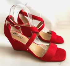 IDIFU Red Suede Women Size 8 M Strappy 3&quot; Wedge Heels Sandals Casual Dress Shoes - £15.65 GBP