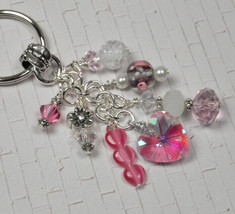 Heart Flower Crystal Beaded Handmade Keychain Split Key Ring Pink White - £12.96 GBP