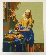 THE MILKMAID by Vermeer vtg NEEDLEPOINT EMBROIDERY ART Completed 14 x 17&quot; - £47.26 GBP