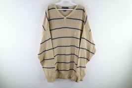 Vintage 90s Nautica Mens Size XL Striped Cotton Knit V-Neck Sweater Tan Brown - £47.27 GBP