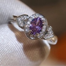 Silver Plated Amethyst Ring Heart Shaped Cubic Zirconia Size 8 - £30.88 GBP