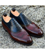Handmade Men&#39;s Leather Fancy Burgundy Navy Blue Dress Lace Up Wing Tip S... - £164.18 GBP