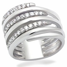 Multi Layered Round Pave CZ Wide Band Rhodium Plated Engagement Ring Sz 5-8 - £57.29 GBP