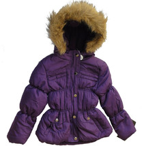 ROTHSCHILD Purple Faux Fur Trim Hooded Shirred Peplum Puffer Jacket Coat M 5 6 - £15.97 GBP