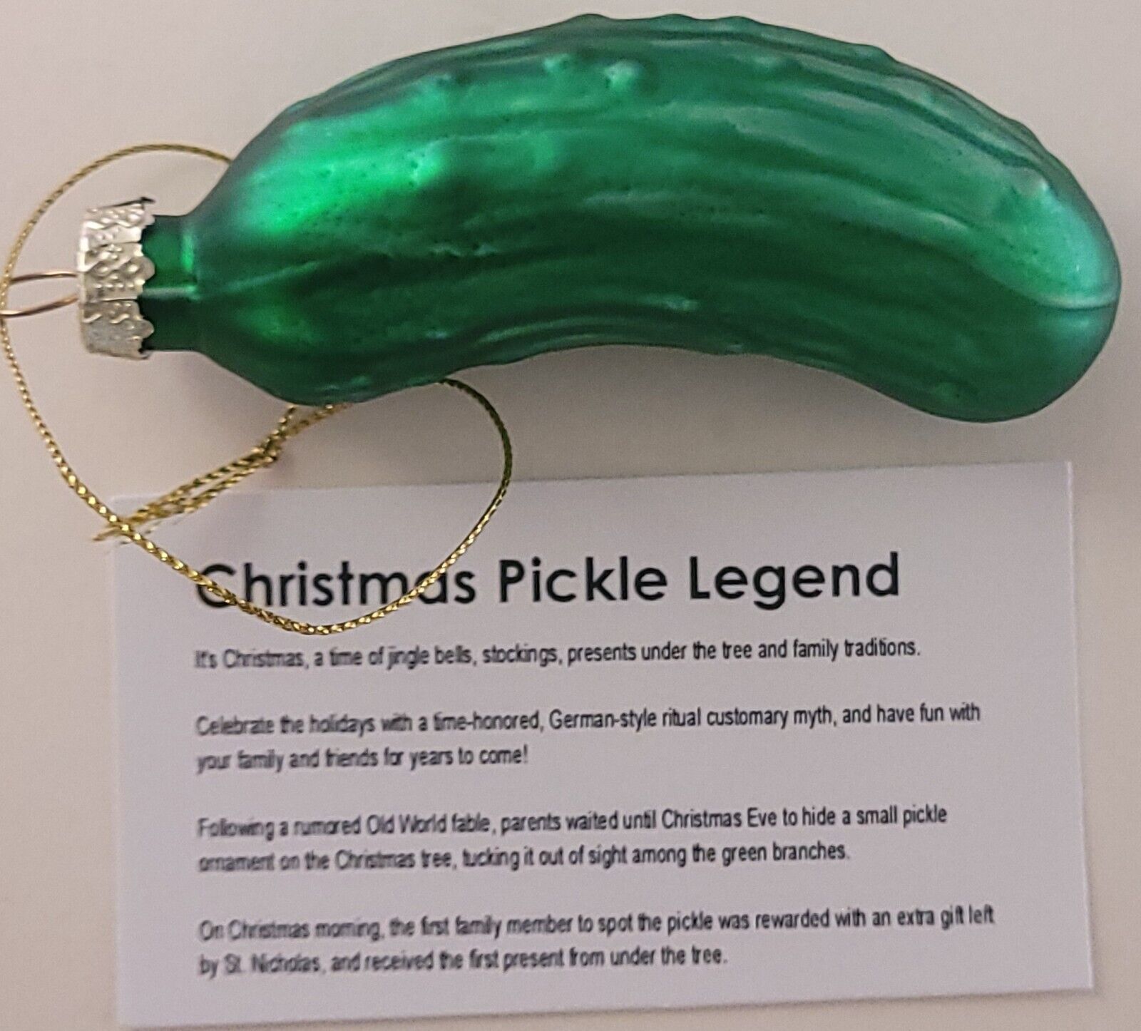 German Holiday Tree Ornament Christmas Pickle, Traditional Game Legend C... - $3.95