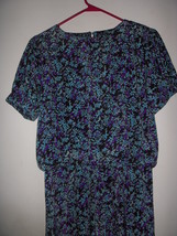 Vintage 80s blue purple &amp; black floral print blouse drop waist style dress Small - £8.03 GBP